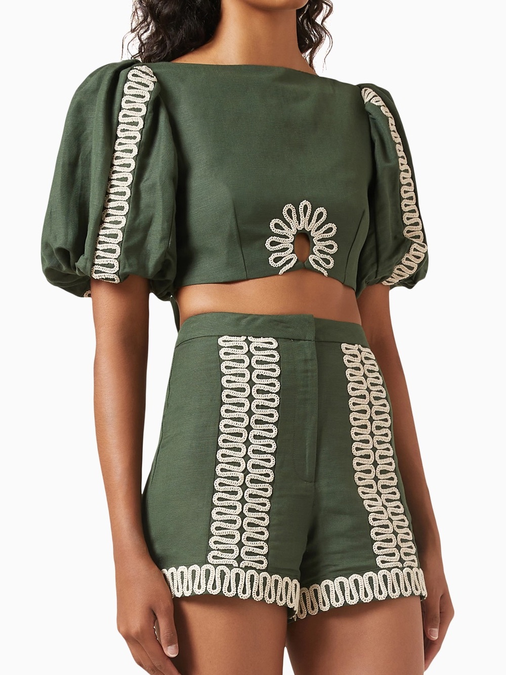 Significant Other Green Embroidered Puff-Sleeve Top